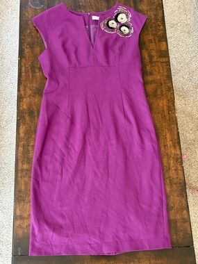Trina Turk Magenta Sheath Dress with Beaded Floral Accent, Size 14